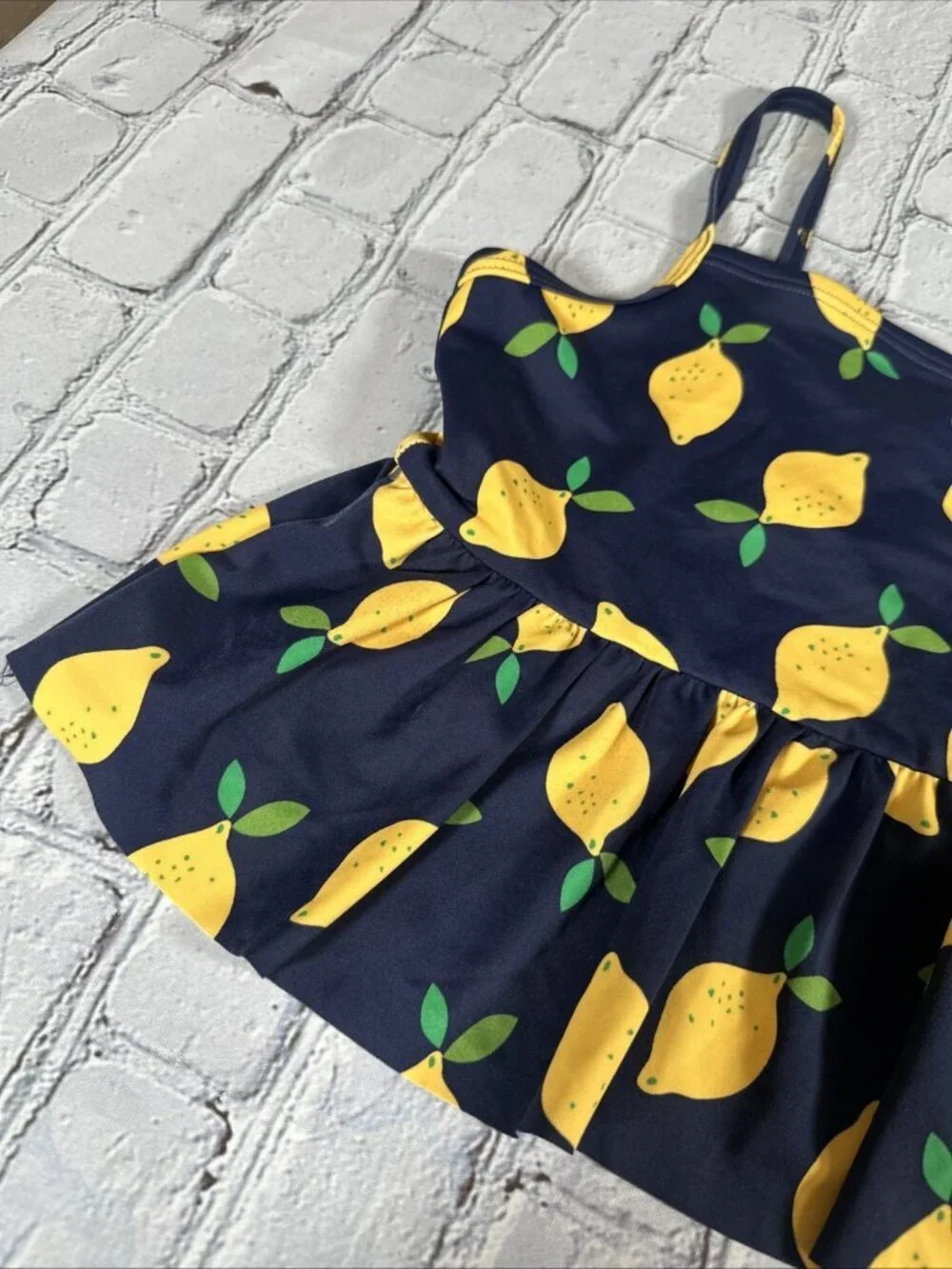 Hanna Andersson Lemon Tankini Swim Top Size 140 CM 10 Navy Blue Yellow Girls